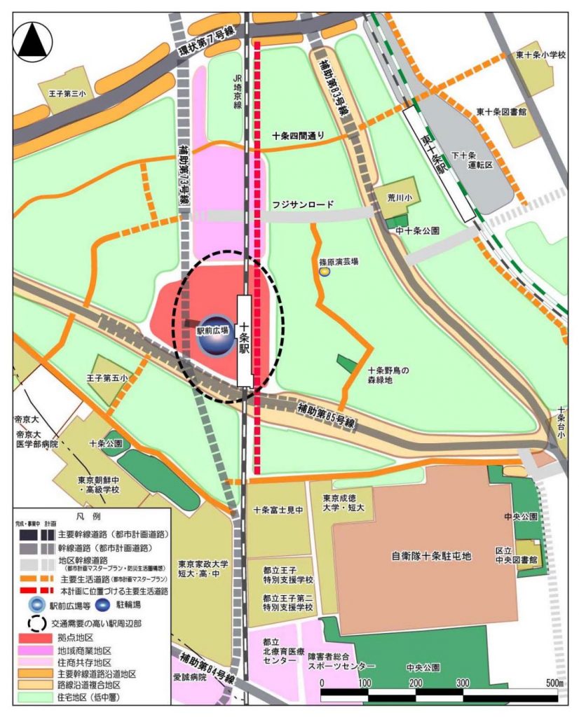 JR埼京線十条駅付近の都市計画道路の地図です。
